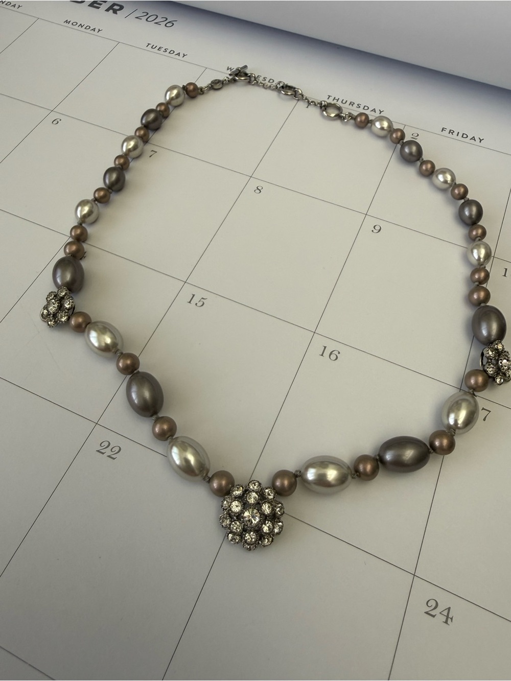 Multi use Elegant Pearl and Rhinestone Necklace - Taupe Grey  Pearl Accent